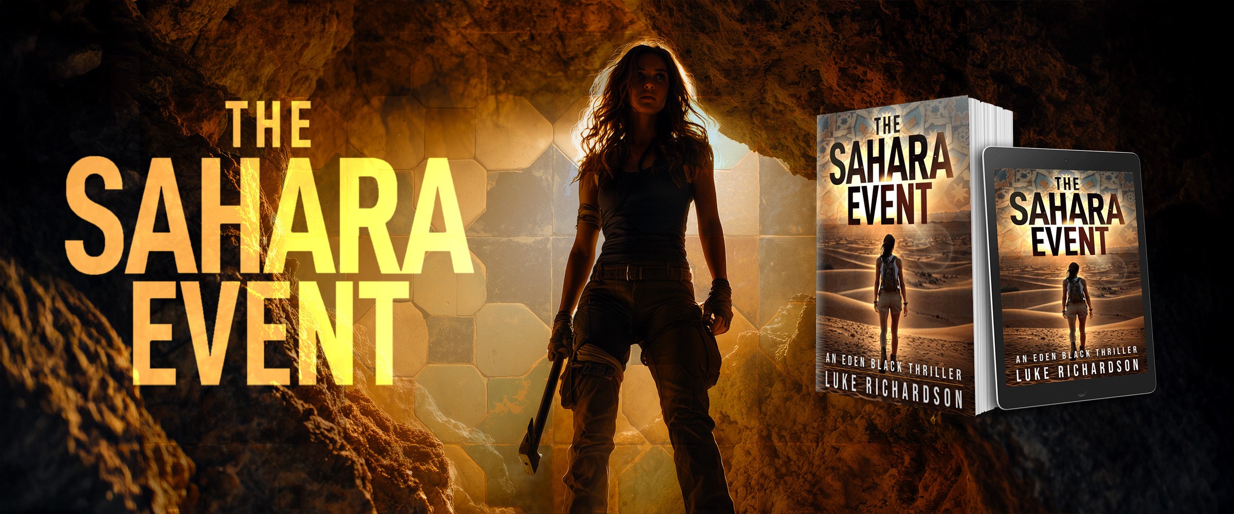 Promotional image for 'The Sahara Event' with a character in a cave and book covers.